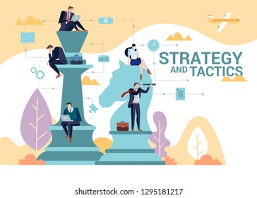 Concept Flat illustration. Business people team play to chess. Strategy and Tactics word.