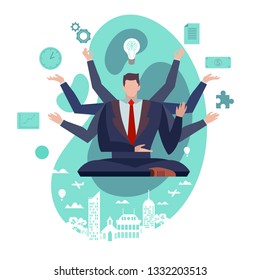 Concept Flat illustration. Businessman with multitasking skills. Man in suit with many arms working on different tasks at the same time. Time management and self improvement.