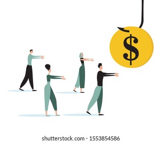 Concept flat illustration of hypnotized people chase after money