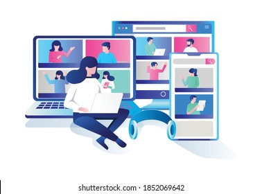 The concept of flat illustration. make video calls with many people