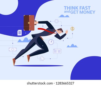 Concept Flat illustration. Running Businessman in suit with briefcase.