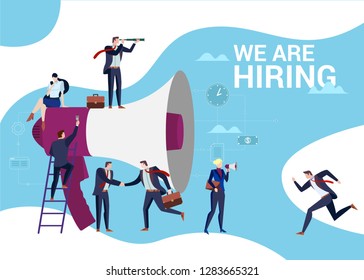 Concept Flat illustration. Work team. Megaphone with We Are Hiring words.