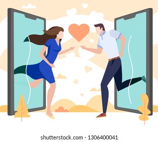 Concept Flat illustration.Couple in love run to each other outside of smartphone screen. Social mobile application for dating, searching for romantic partner.