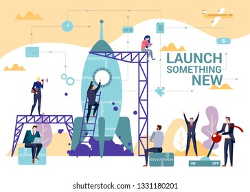 Concept Flat illustration.Team of business people working together on a project. Launching something new words. Start-up building and development.