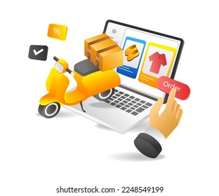 Konzept der flachen isometrischen 3D-Illustration von Motorrädern aus Laptop