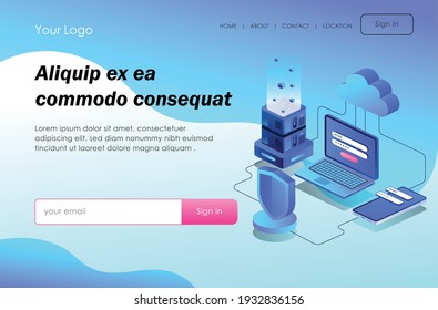 The concept of flat isometric design, cloud server and security 