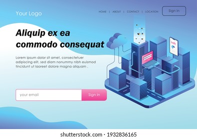 The concept of flat isometric design, cloud server and security 