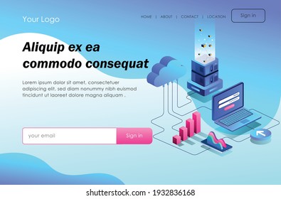 The concept of flat isometric design, cloud server and security 