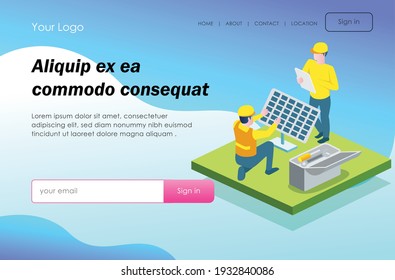 The concept of flat isometric design, installing solar panels and electrical systems 