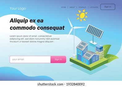 The concept of flat isometric design, installing solar panels and electrical systems 
