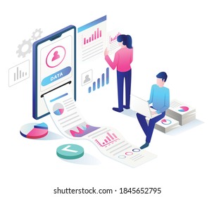 The concept of a flat isometric illustration, collecting digital and paper data