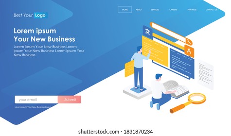 Concept flat isometric illustration, creating content, analyzing data, compiling files and translating languages