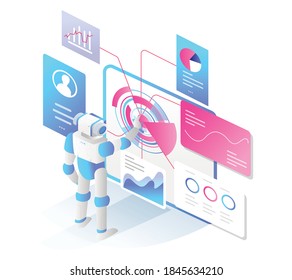 The concept of a flat isometric illustration, a robot pressing a digital transformation button