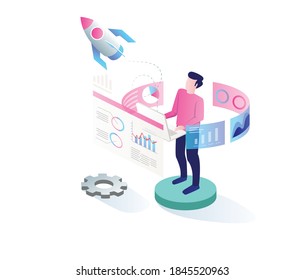 the concept of flat isometric illustration, startup and product launch