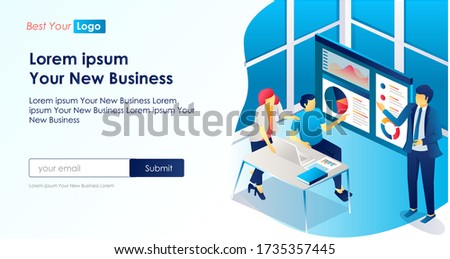 the concept of flat isometric illustration is that some people are having discussions or meetings for strategy and chasing targets