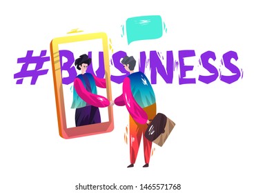 Concept in flat style with businessmen. Digital contract and partnership. Coworking and start up. Typography "Business".  Vector illustration.