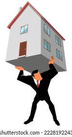 Concept flat style illustration with businessman carrying the burden of a house mortgage on his shoulders.