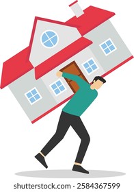 Concept flat style illustration with businessman carrying the burden of a house mortgage on his shoulders.

