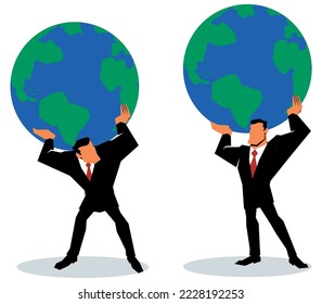Concepto de ilustración de estilo plano con un empresario súper fuerte llevando todo el planeta Tierra sobre sus hombros.