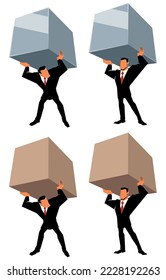 Concept flat style illustration with super strong businessman lifting a heavy load.