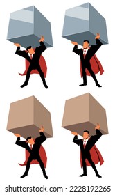 Concept flat style illustration with super strong businessman lifting a heavy load.