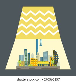 Concept flat style image with big lamp and small city showing electric industry