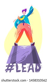 Concept in flat style with man aand typography lead with hashtag. Big boss, leader. Man assures people.  Vector illustration.