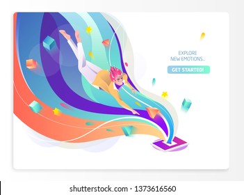 Concept in flat style with man falling to tablet. Internet freedom, free wifi, on-line education, game, reading, inspiration. Vector illustration.