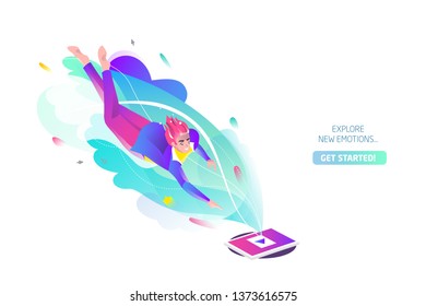 Concept in flat style with man falling to tablet. Internet freedom, free wifi, on-line education, game, reading, inspiration. Vector illustration.