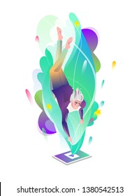 Concept in flat style with man falling down to tablet. Internet freedom, free wifi, on-line education, game, reading, inspiration. Vector illustration.