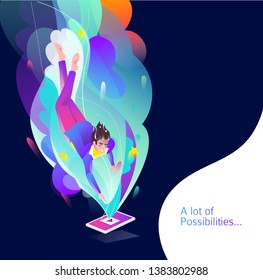 Concept in flat style with man falling down to tablet. Internet freedom, free wifi, on-line education, game, reading, inspiration. Vector illustration.