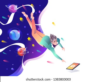Concept in flat style with man falling down to tablet. Planets and space. Internet freedom, free wifi, on-line education, game, reading, inspiration. Vector illustration.