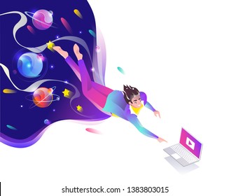 Concept in flat style with man falling down to laptop. Planets and space. Internet freedom, free wifi, on-line education, game, reading, inspiration. Vector illustration.