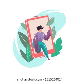 Concept in flat style with man getting out of the phone. Escape to reality. Social media. Vector illustration.