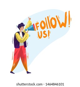 Concept in flat style with man and megaphone. Promotion. Typography "Follow us". Businessman. Vector illustration.