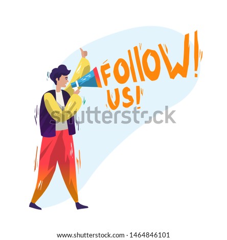 Concept in flat style with man and megaphone. Promotion. Typography "Follow us". Businessman. Vector illustration.