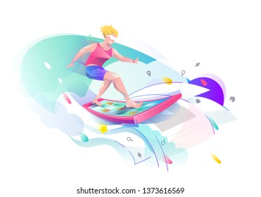 Concept in flat style with man surfing through internet. Business and news. Vector illustration.