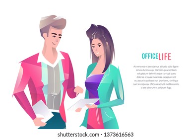 Concept in flat style with office workers. Man and woman are using a digital tablet together.Coworking. Businessman. Vector illustration.
