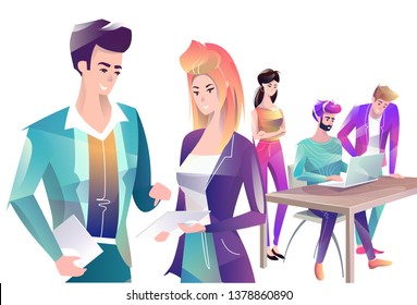 Concept in flat style with office workers. Man and woman are using a digital tablet. On the background man and woman are looking at laptop. Creative atmosphere. Vector illustration.