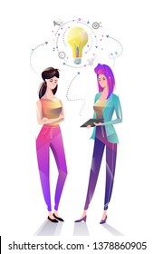 Concept in flat style with office workers. Women are using a digital tablet together. Discussion of idea. Startup. Coworking. Businessman. Vector illustration.