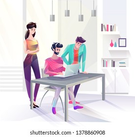 Concept in flat style with office workers. Man and woman are looking at laptop. Businessman. Creative atmosphere. Vector illustration.