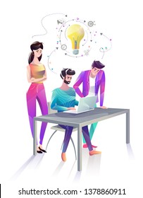 Concept in flat style with office workers. Man and woman are looking at laptop and discussing idea. Start up. Businessman. Creative atmosphere. Vector illustration.