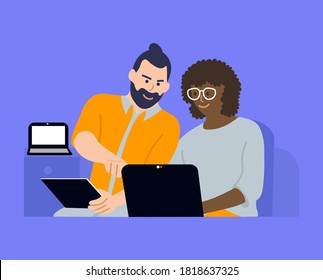 Concept in flat style with office workers. Man and woman are using a digital tablet.Young man pointing index finger towards screen. Creative atmosphere. Vector illustration.