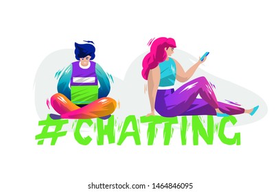 Concept in flat style with people using gadgets for chatting and communication. Modern lifestyle. Businessman. Typography. Vector illustration.