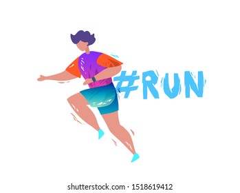 Concept in flat style with running man. Healthy lifestyle. Typography and hashtag. It may be used for social nets. Vector illustration.