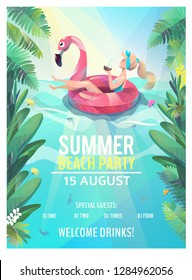Concept in flat style. Summer beach party poster. Woman floats with circle. Vector illustration.