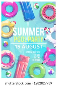 Concept in flat style. Summer pool party poster. Many circles float in pool or sea. Vector illustration.