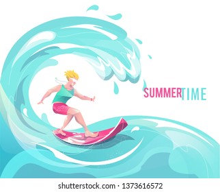 Konzept in flachem Stil mit Surfmann. Urlaub, Entspannung, Extrem. Vektorgrafik.