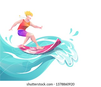 Concept in flat style with surfing man. Vacation, relaxion, extreme. Vector illustration.