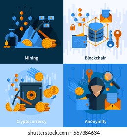 Concept in flat style with virtual currency and block chain mining and anonymity isolated vector illustration